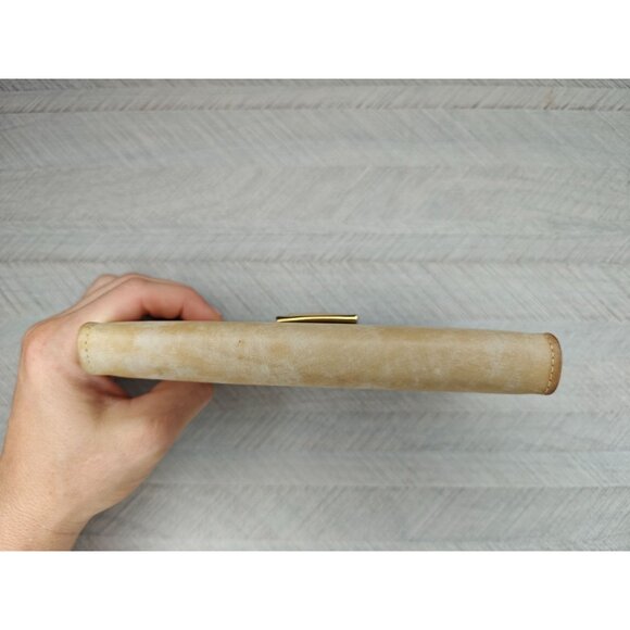 Vintage Crown Checkbook Wallet Beige Tan Cowhide Leather Kisslock Coin Pouch - Picture 7 of 10